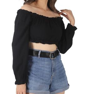 Solid Pattern Off Shoulder Black Crop Top