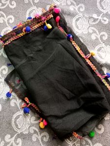 Black Net Duppta With Pom Po