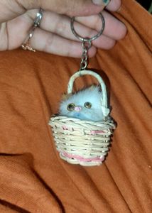 "Fluffy Cat Keyring in Woven Basket"