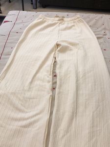 Cream Ribbed Knit Wide Leg Pants