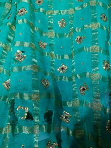 Green Colour Saree With red Lace and Kundan Work On It