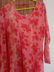 Georgette Peach Pink Long Frock With Dupatta