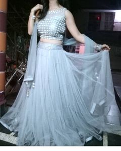 Pearls Detailing Grey Crop Top And Skirt