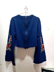 SASSFRAS Casual Bell Sleeves Embellished Blue Top