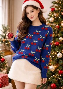 Imported Cherry Patterned Woven Festive Pullover