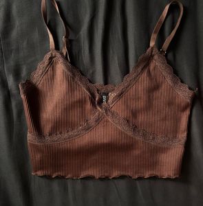Brown lace trim crop top