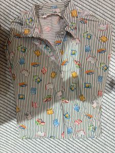 Striped Button-Up Shirt with Book Print