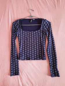 H&M Lace Detail Floral Long Sleeve Ribbed Top/ S