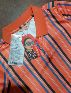 Dressberry Women Orange Striped Collar Tshirt