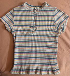 Westside pastel striped ribbed zip-up top