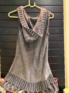 Hooded Knit Vest with Fringe