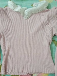 Pink Sweater Top With Lace Detailing Collar