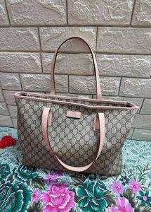 Authentic GUCCI GG Tote Bag Beige Pink Leather