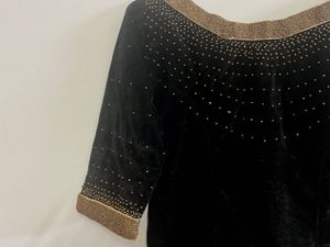 Gold  Skirt And Black Embellished Velvet Top