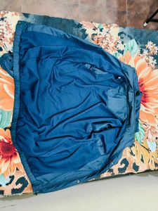 Blue Polyester Jacket With Hoodie