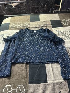 Navy Blue Lace Cold Shoulder Top