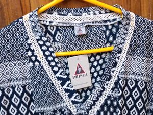 Brand New Prisca Navy Blue &amp; White Printed Top