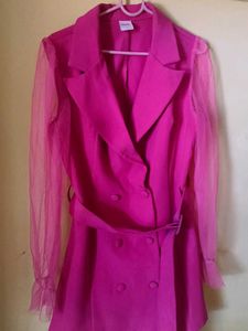Hot Pink Blazer Dress with Mesh Sleeves