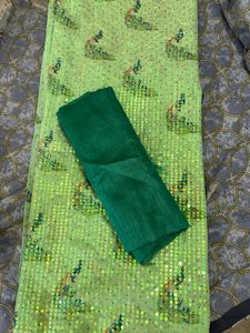 Green Sequin Peacock Saree with Blouse