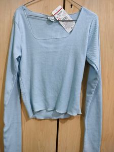 Sky Blue Full Sleeves Girls Crop With Square Neck