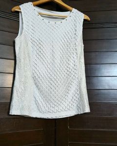 Chaitelaine Women Cream Knitted Cutout Style Top
