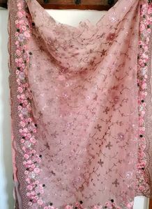 Pink Floral And Sequin Embroidered Designer Saree