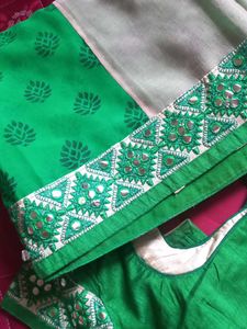 Green Mirror Work Saree with Blouse