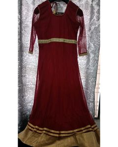 Elegant Maroon &amp; Gold Anarkali Dress