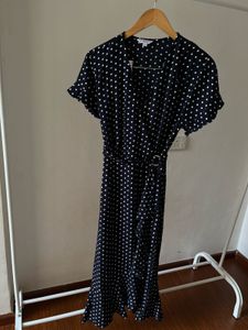 V-neck Blue Dot Wrap Cotton MIDI Dress