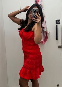 Red Smocked-Detailed Cotton Tiered Dress