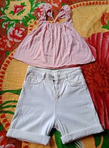 Pink Top & White Denim Shorts Set