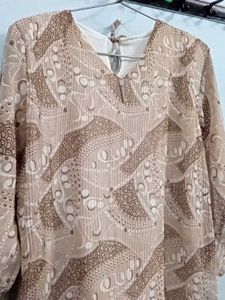 Brown Cream Western Dress Top Legi Georgette Xl