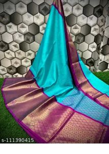 Cyan Blue And Purple Border Wedding Wear Saree