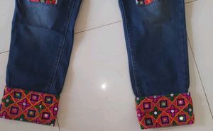 Dark Blue Embroidered Denim Jeans