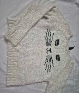 Fuzzy Cat Face Knit Sweater – Cream White