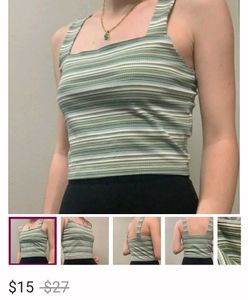 AE Green &amp; White Striped Ribbed Crop Top