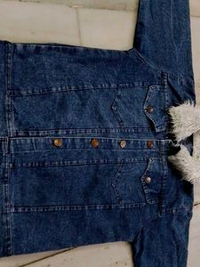 Denim Blue jacket with white fur on the collar and