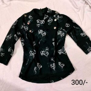 Floral Print Button-Down Black Top
