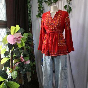Red Embroidered Peasant Top