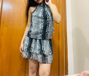Snakeskin Print Ruffle Halter Dress