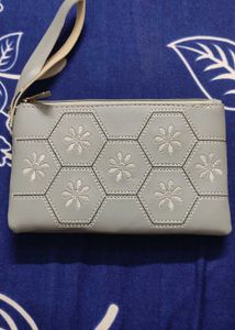 Gray Floral Hexagon Embroidery Pouch/ Purse