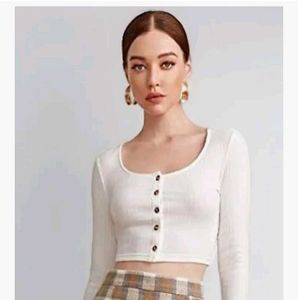 White Ribbed Crop Top with Buttons