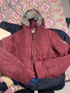 Burgundy Puffer Jacket with Fur Hood
