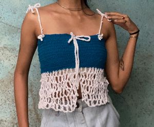 Blue Crochet Tie-Up Top