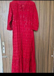 Red Chickenkari Work Kurta Set
