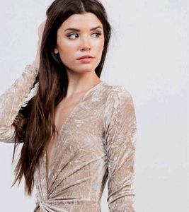 Champagne Plunging Neck Crushed Velvet Bodysuit