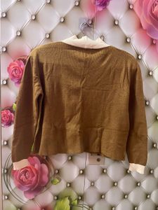 Brown Cardigan with Cream Collar
