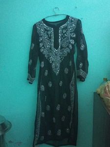 Black Chikankari Kurti With Mirror Work