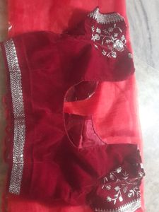 Red Organze Embroidery Saree With Velvet Blowse