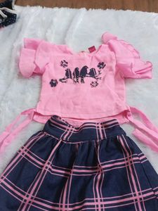 Pink Bird Top &amp; Plaid Skirt Set
